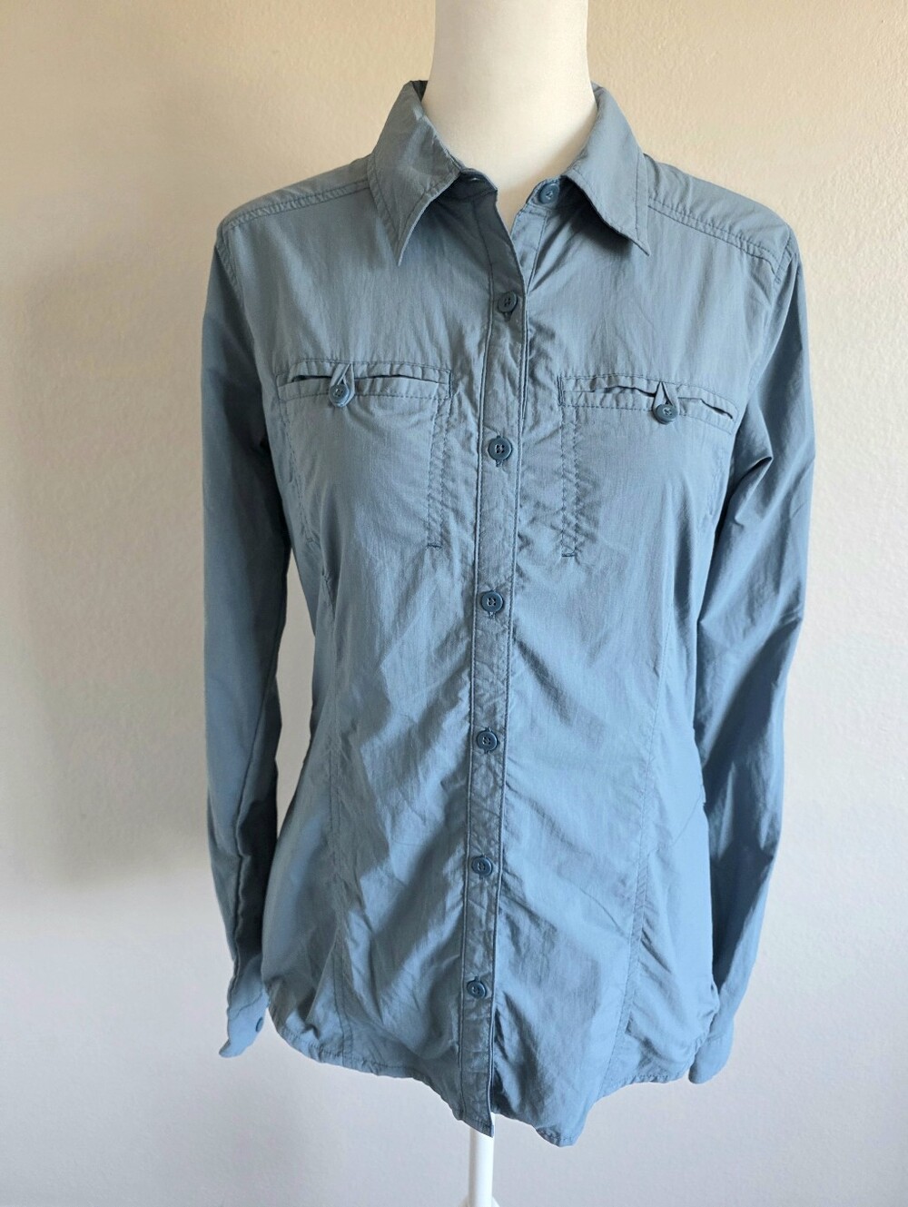 EXOFFICIO Button Shirt Camping Hiking Vented Roll Tab Sleeve Women's Size S Blue